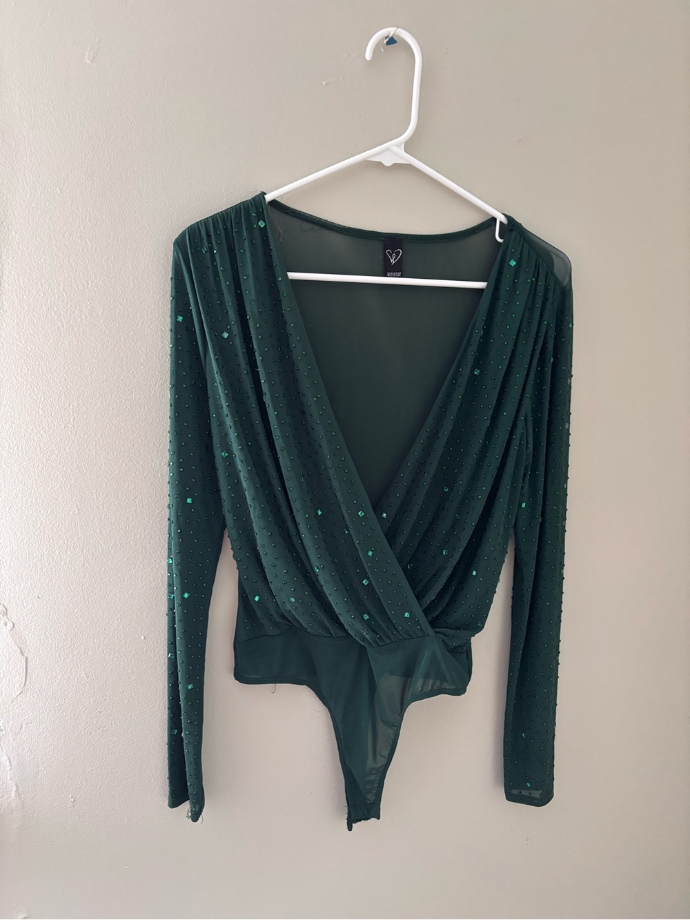 Windsor Emerald Green Sequin Wrap Long-Sleeve Bodysuit